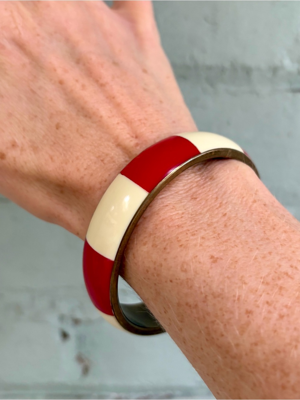 Vintage Brass and Enamel Striped Bangle Bracelet in Red and Cream
